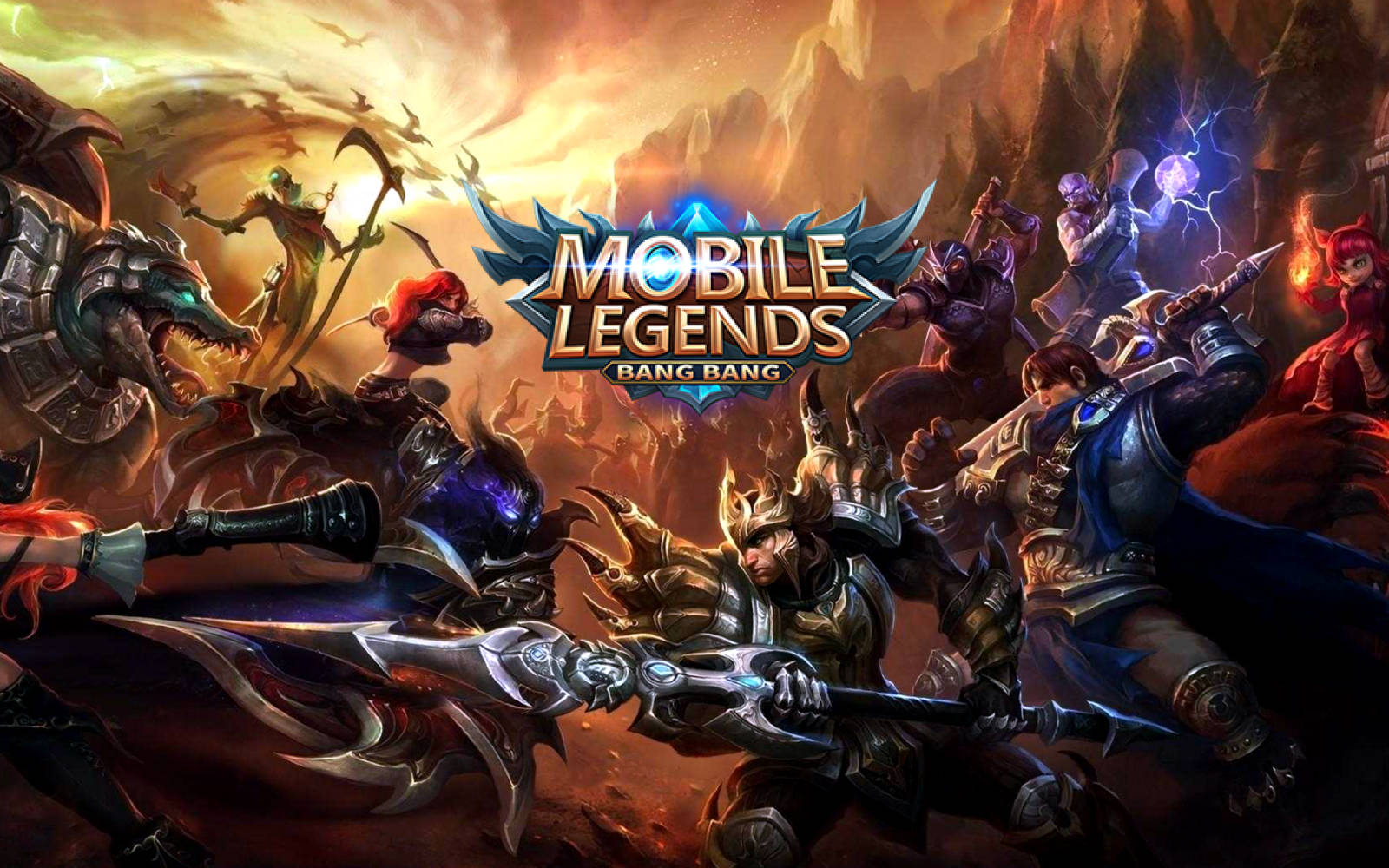 Mobile Legends Bang Bang 英雄對戰 壁紙 — 來自《Mobile Legends Bang Bang》的動態戰鬥場景，描繪了身穿盔甲的英雄與神話生物在熾熱的幻想景觀中戰鬥。