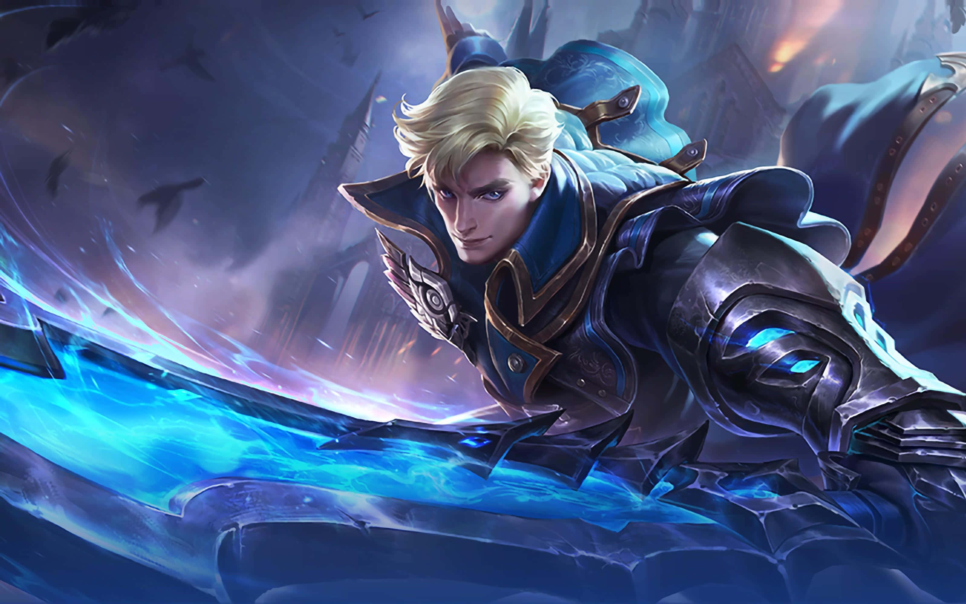 加入《Mobile Legends》的戰鬥吧！ 壁紙 — 一名金髮戰士身穿華麗藍色盔甲，手持發光能量劍，在黑暗暴風雨背景下向前衝鋒。