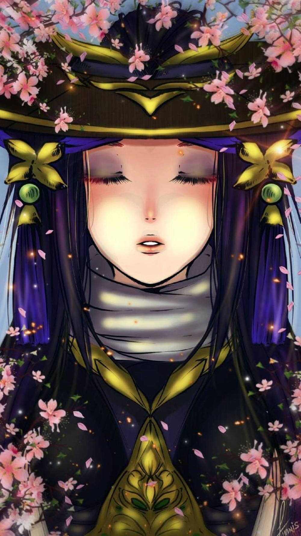 身著紫色和金色服飾的動漫女孩被飄落的櫻花包圍。