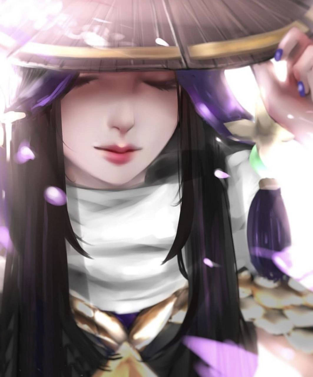 動漫女孩，黑髮，紫色花瓣在她周圍飄浮，發光的場景。