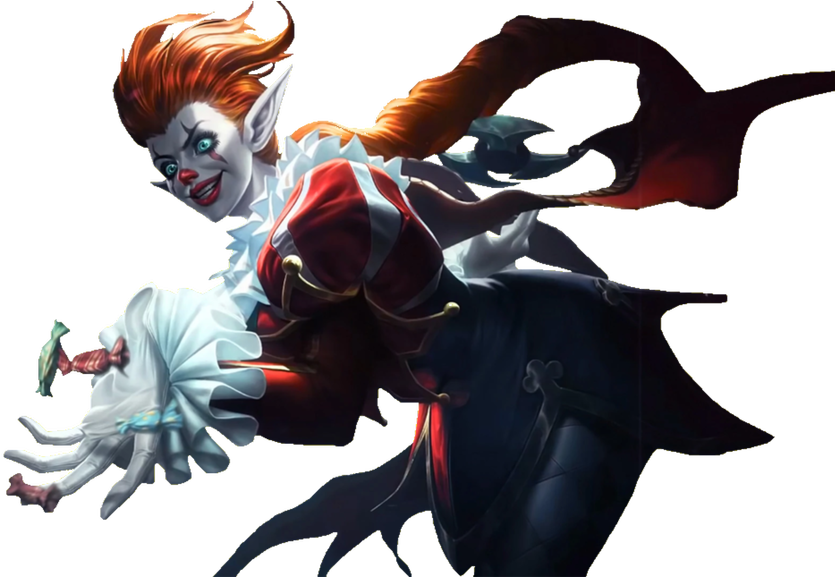 Mobile Legends Harley 大發明家皮膚 壁紙 — 一個帶有紅髮和白臉塗裝的威脅性小丑，以動態姿勢向前猛衝，背景為黑色。