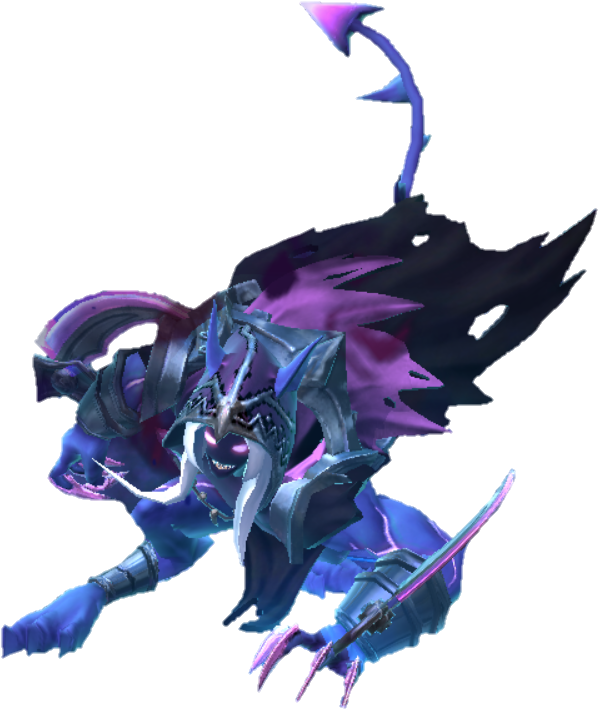 《Mobile Legends》角色渲染圖 壁紙 — 一個身穿藍紫色盔甲、眼睛發光、手持彎刀的威脅性惡魔，在黑色背景前向前猛衝。