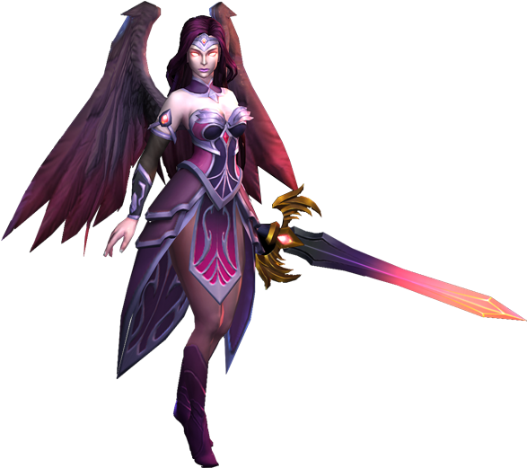 《Mobile Legends》女性戰士配翼與劍 壁紙 — 一位擁有黑色翅膀、身穿紫色盔甲的女性戰士，在黑色背景前揮舞著發光的劍。