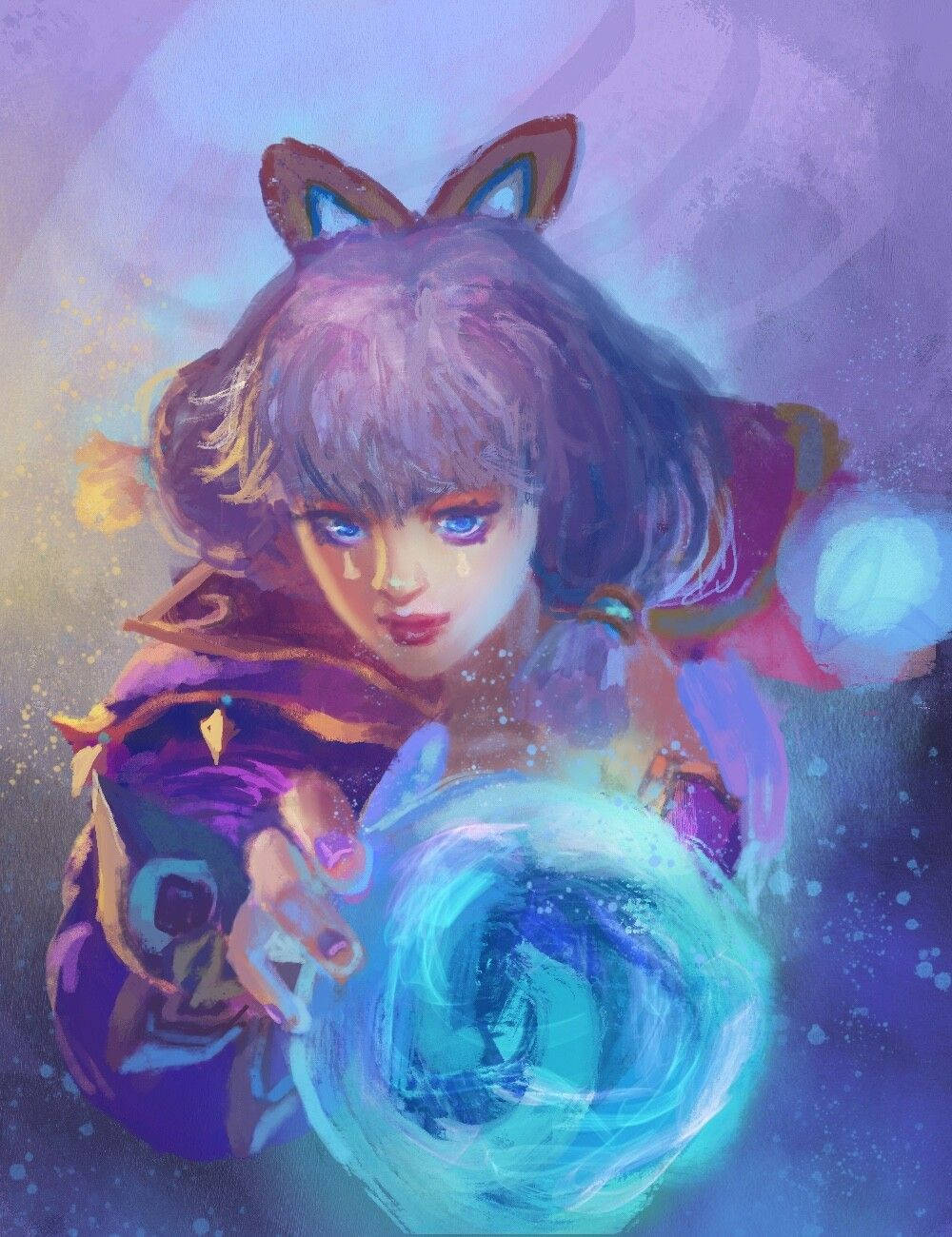 《Mobile Legends》桂妮維爾紫羅蘭小姐美麗同人圖 壁紙 — 一個年輕的動漫女孩，長著貓耳朵和紫色頭髮，在夢幻般的紫色背景下，淚流滿面地抱著一個發光的藍色球體。
