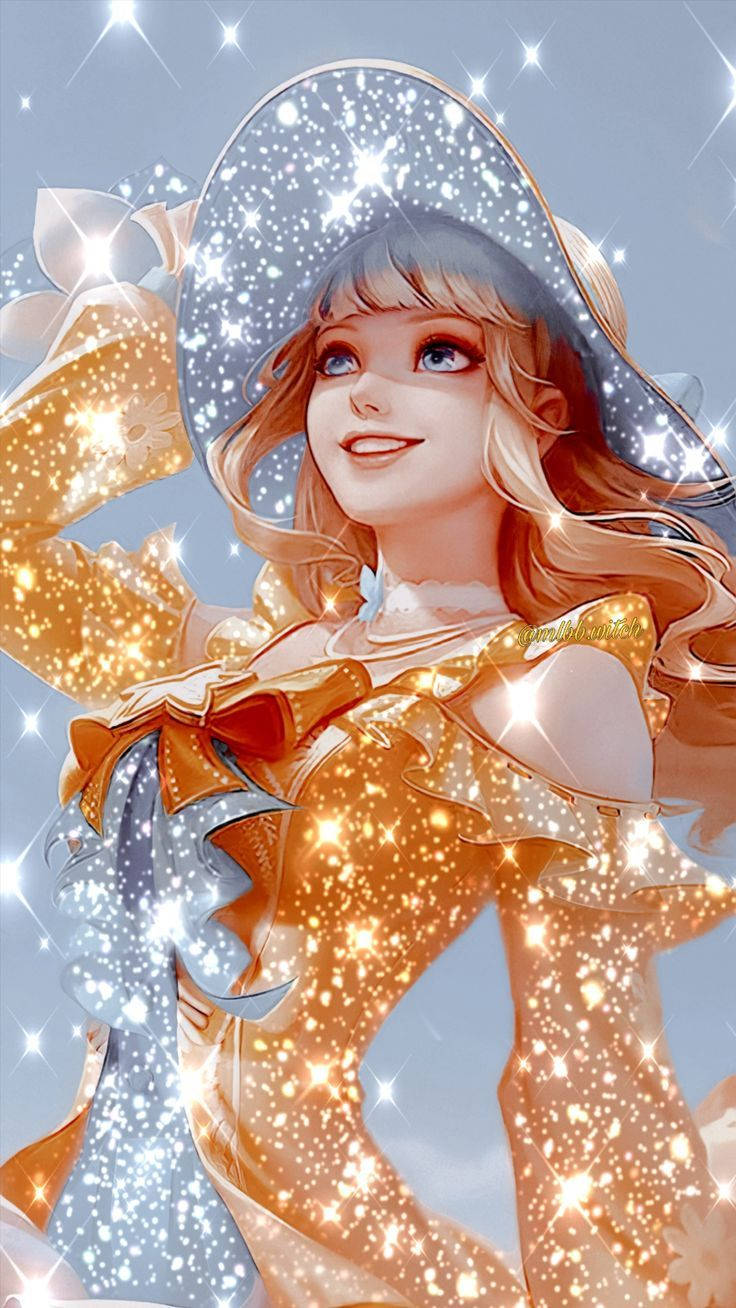 傳奇 Mobile Legends - 顧妮薇芙 閃耀夏日微風 壁紙 — 一位金髮閃亮、戴著閃爍帽子的動漫女孩，在星空背景下愉快地微笑。