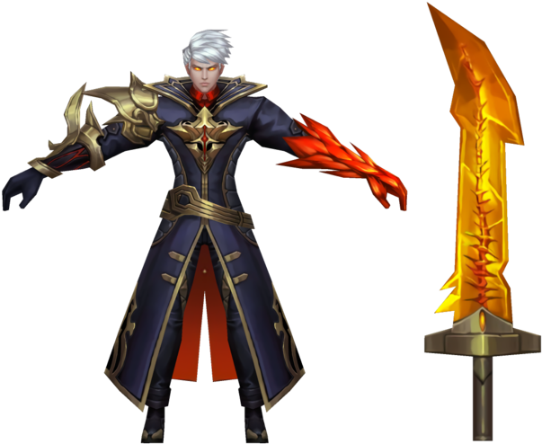 《Mobile Legends》英雄持燃燒劍 壁紙 — 一位白髮、發光橙色眼睛的奇幻戰士，站在黑色背景前，身旁有一把燃燒的金色劍。