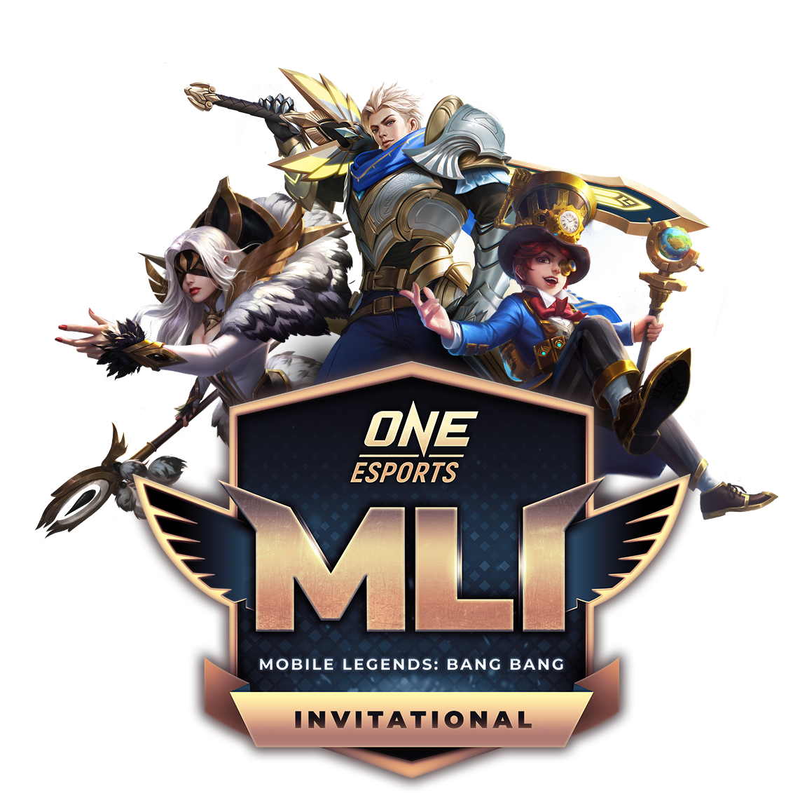 《Mobile Legends》邀請賽宣傳藝術 壁紙 — 三個奇幻遊戲角色以動態姿勢站在發光的MLI錦標賽標誌後面，背景是星空黑色。