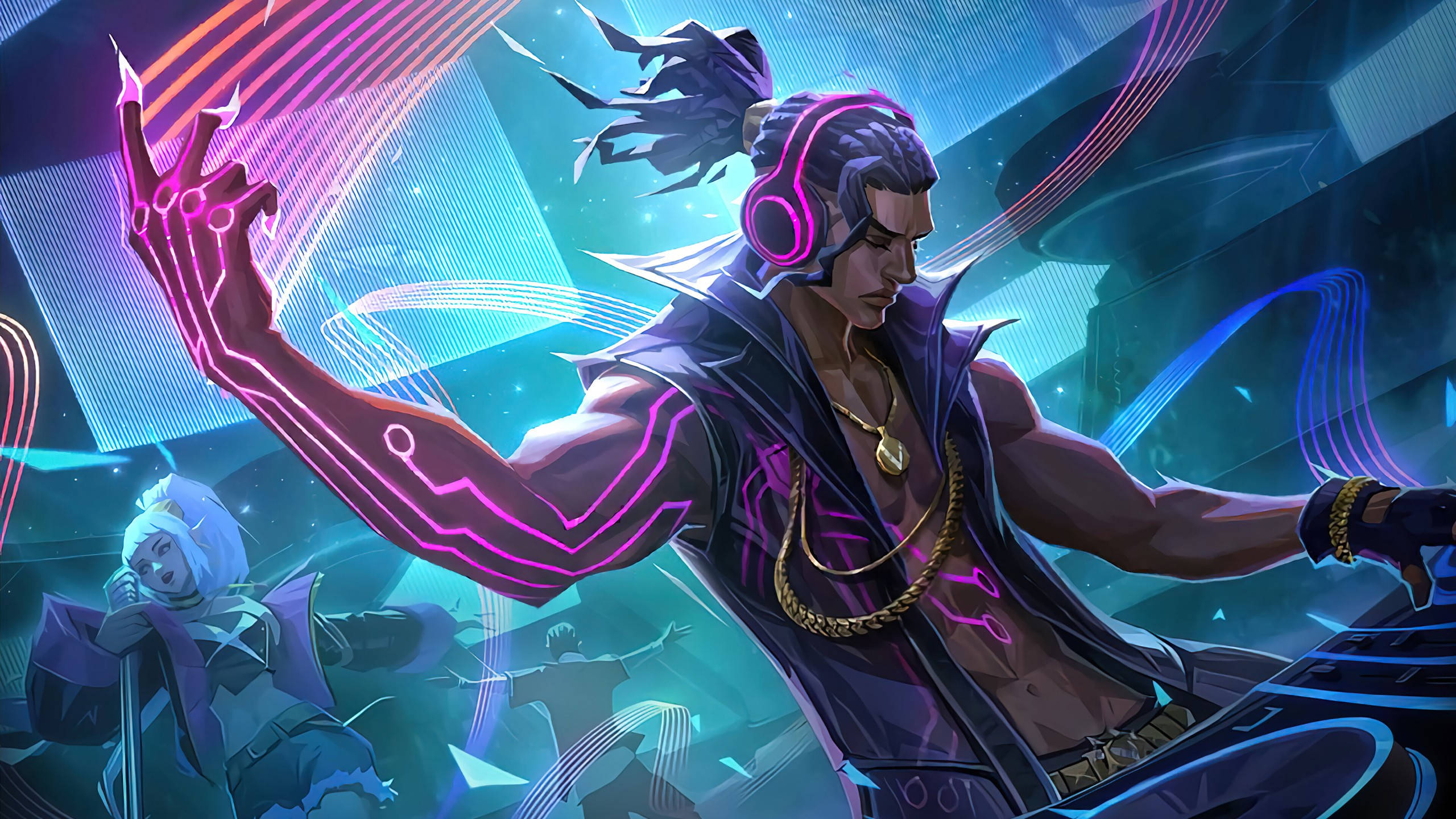 Mobile Legends STUN 布羅迪 壁紙 — 一個肌肉發達的動漫DJ，手臂上有發光的粉紅色電路和耳機，指揮著一個霓虹燈照亮的未來派俱樂部舞台。
