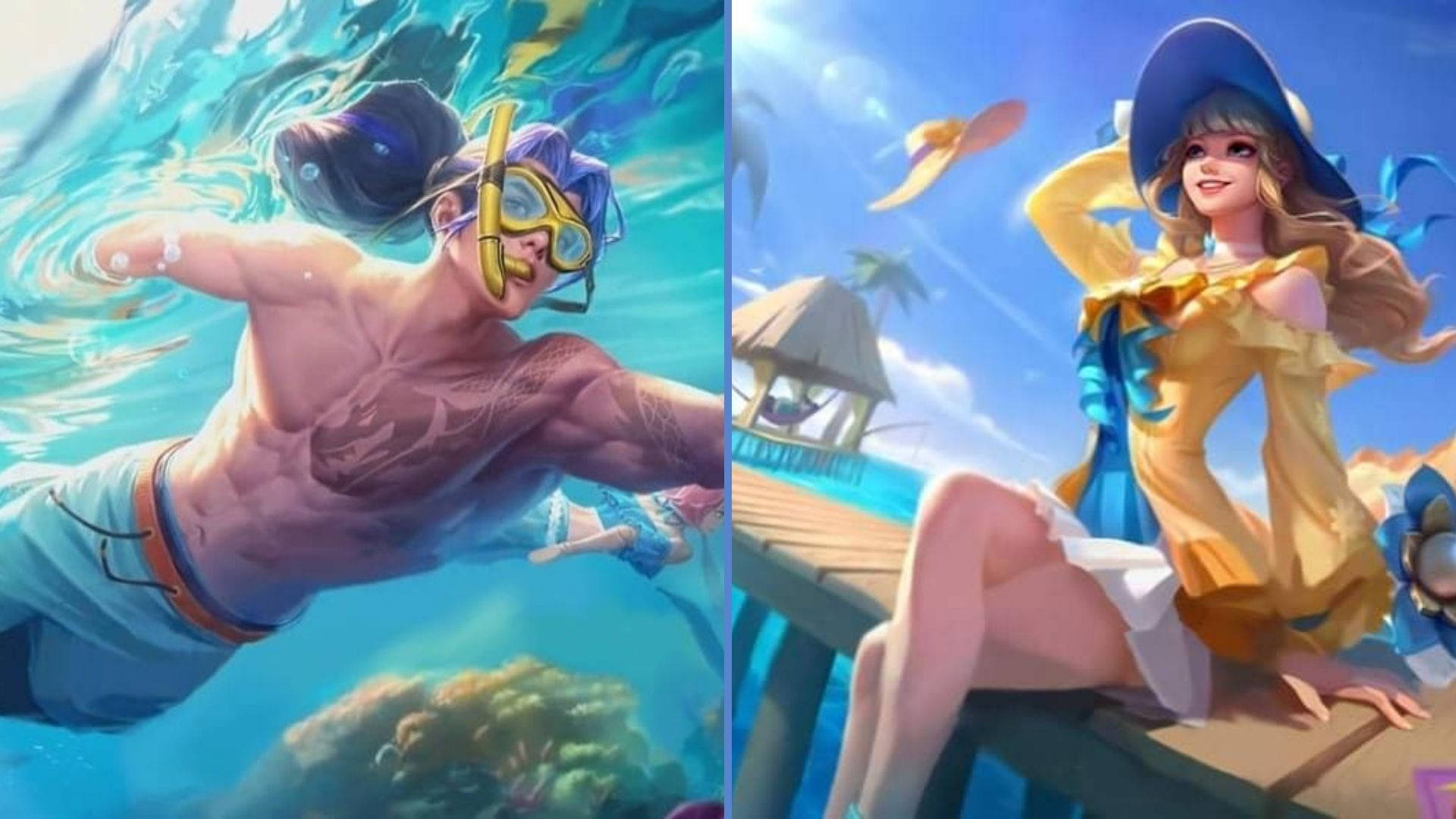 傳奇 Mobile Legends - 顧妮薇芙 與 紫龍 壁紙 — 一位肌肉發達的游泳者在碧綠的海水中沿著珊瑚礁滑行，而一位金髮女子穿著黃色連衣裙在木製碼頭上享受明亮的藍天。