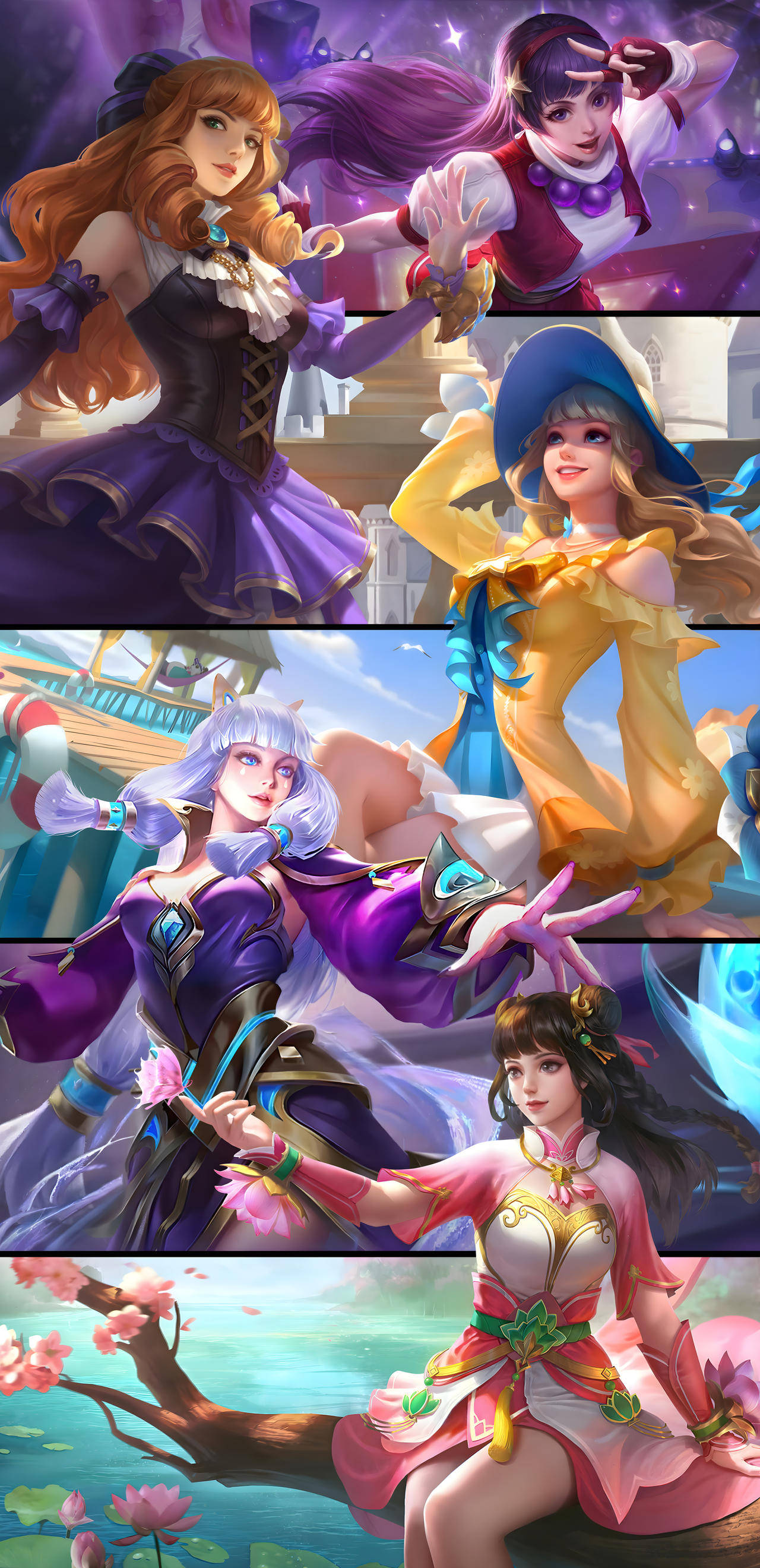 傳奇 Mobile Legends - 顧妮薇芙 各款皮膚拼貼 壁紙 — 四位充滿活力的動畫女主角穿著色彩繽紛的奇幻服裝，在魔法背景前動態擺姿勢。