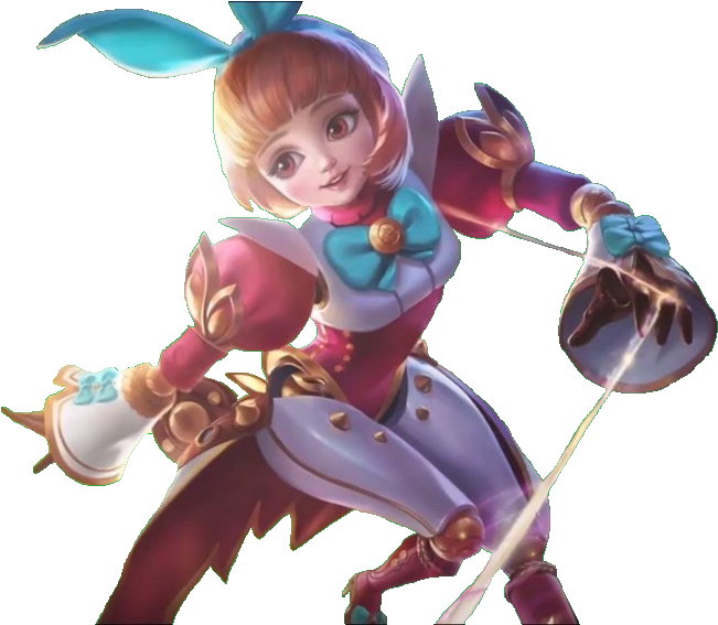 《Mobile Legends》動畫女英雄 壁紙 — 一個開心的動畫女孩戴著兔耳，揮舞著發光的魔法武器，擺出動態的戰鬥姿勢。