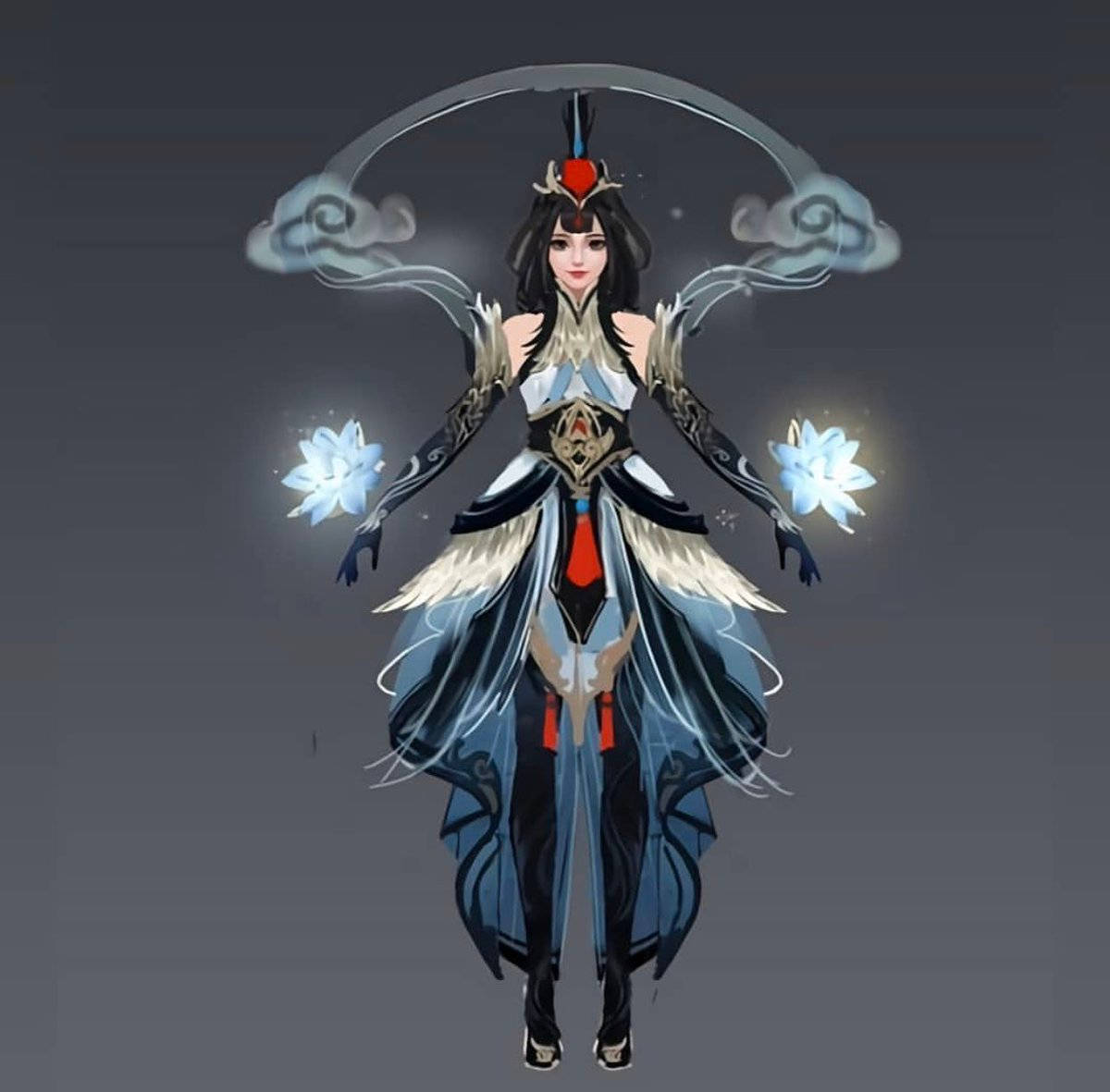 《Mobile Legends》吉妮薇爾「白鶴夫人」皮膚 壁紙 — 一位優雅的動漫風格女戰士，黑髮藍白翅膀，手持發光蓮花，彎曲的刀刃在她頭頂上方劃出弧線。