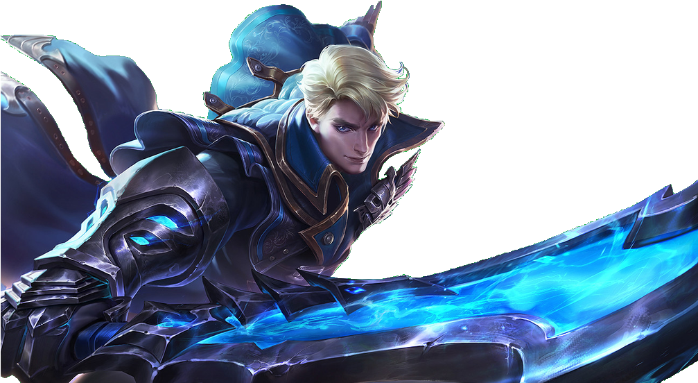 《Mobile Legends》英雄阿爾卡德插畫 壁紙 — 一位金髮戰士身穿黑色盔甲，在黑色背景前揮舞著發光的藍色劍。
