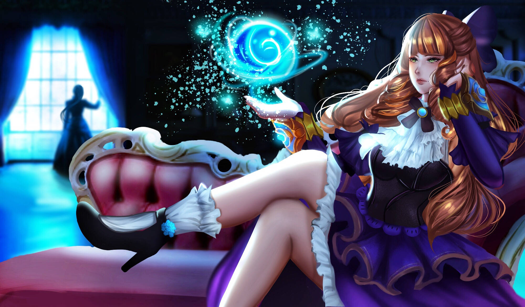 《Mobile Legends》桂妮維爾紫羅蘭小姐坐姿同人圖 壁紙 — 一位穿著紫色連衣裙的奇幻動漫女孩，懶洋洋地躺在一個巨大的嘴巴形狀的王座上，召喚出一個發光的藍色螺旋球體。