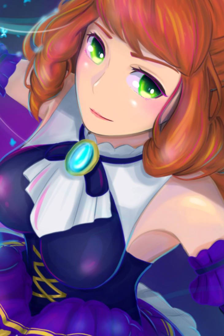 《Mobile Legends》桂妮維爾紫羅蘭小姐近照同人圖 壁紙 — 一位充滿活力的動漫女孩，擁有火紅的頭髮和發光的綠色眼睛，穿著紫色和白色的服裝，帶有發光的藍色寶石。