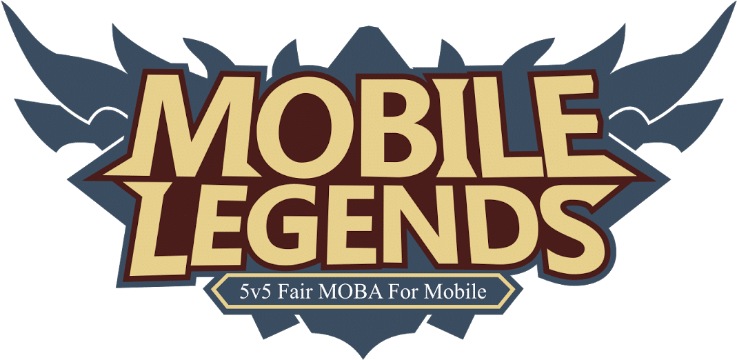 《Mobile Legends》遊戲標誌 壁紙 — 大膽的金色「Mobile Legends」標誌，帶有深藍色翅膀徽章和標語，背景為黑色。
