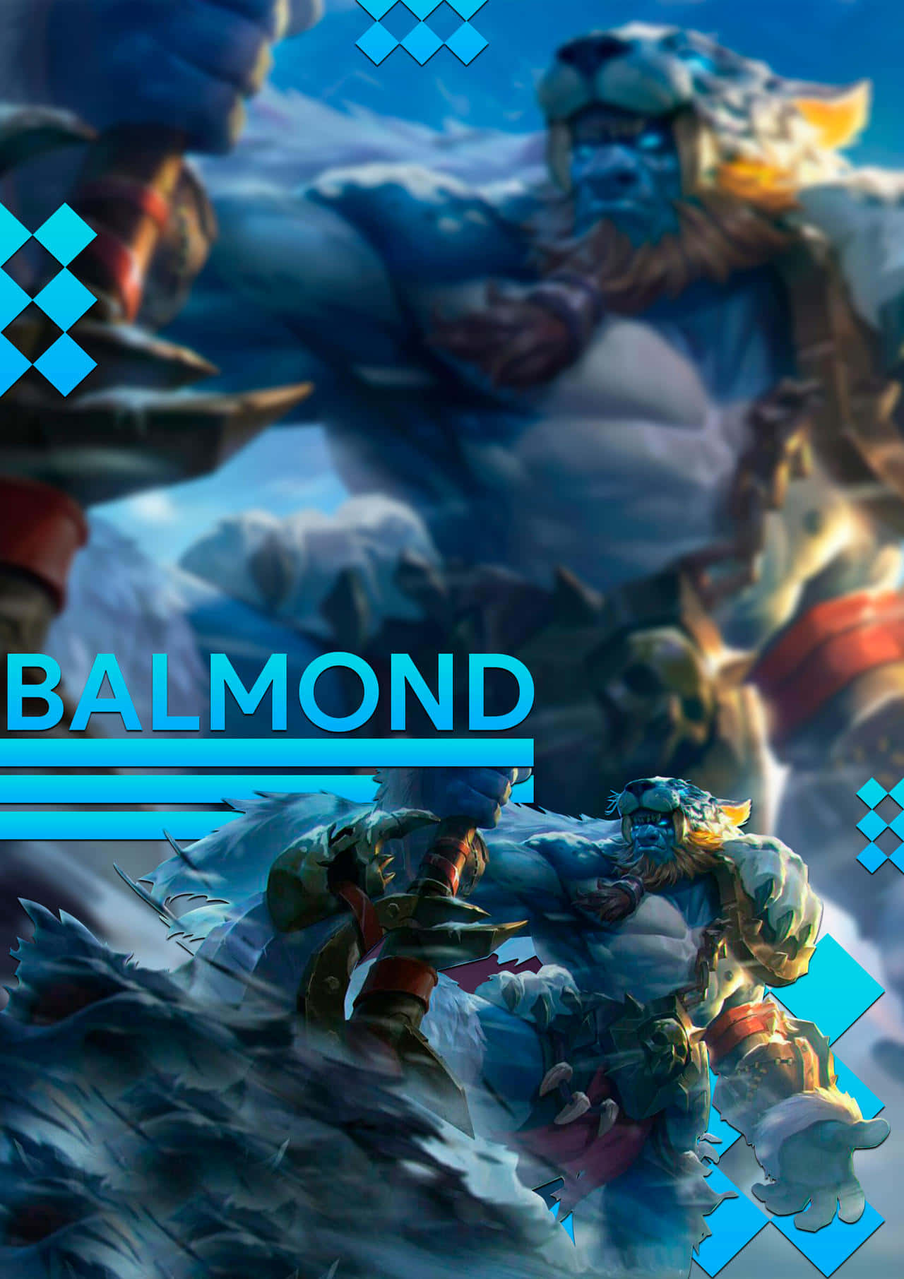 《Mobile Legends》力量之源巴爾蒙德同人藝術 壁紙 — 一位擁有獅子般鬃毛的強大藍皮膚戰士，在明亮的天空下，於旋轉的雪和冰中戰鬥。