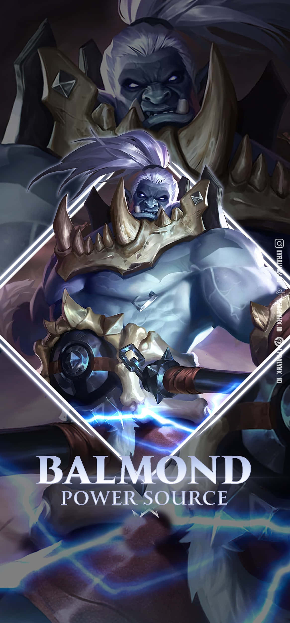 《Mobile Legends》力量之源巴爾蒙德海報 壁紙 — 一個兇猛的裝甲獸人戰士，武器和盔甲周圍閃爍著藍色能量。