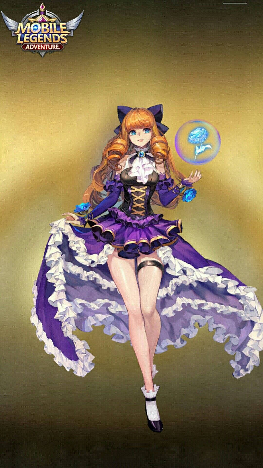 動漫女孩穿著紫色連衣裙，在金色背景中手持發光藍色玫瑰。