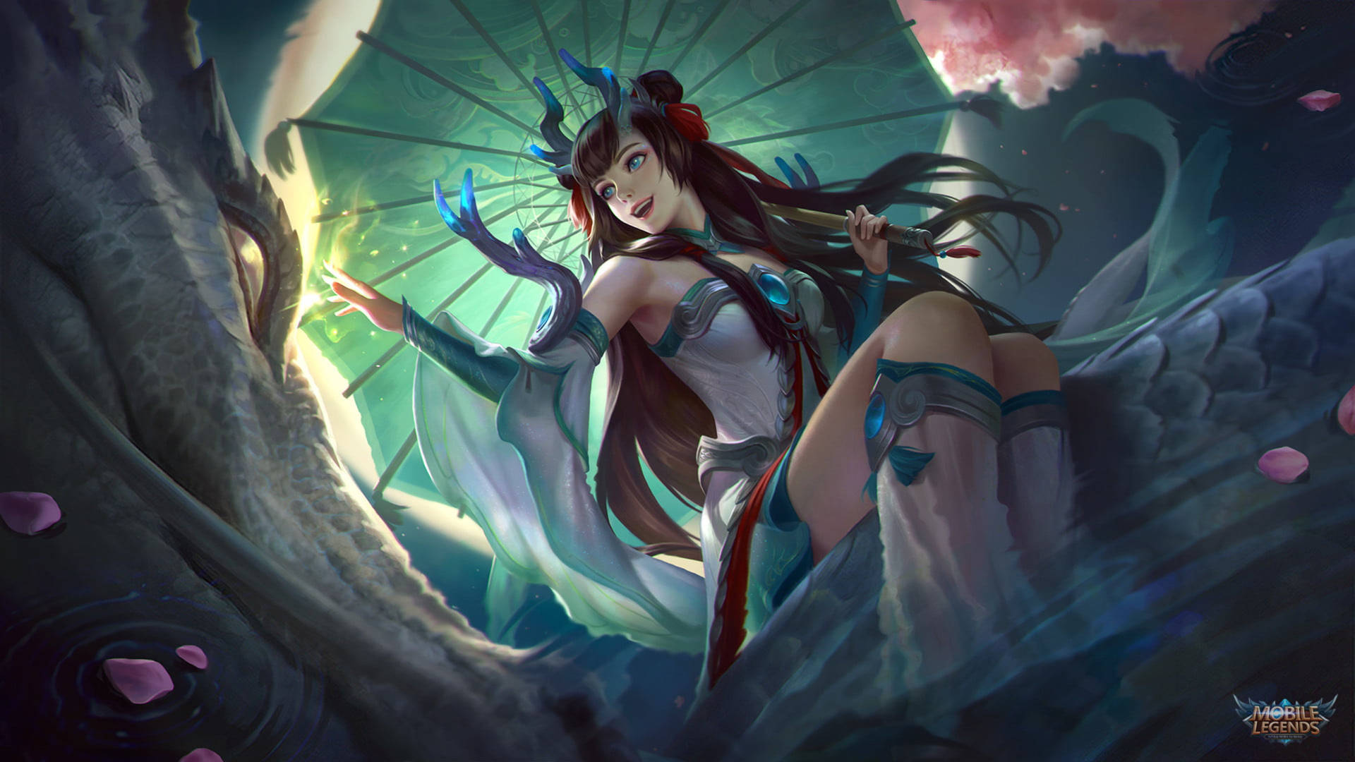 動漫女孩持陽傘騎龍，粉紅花瓣飄落