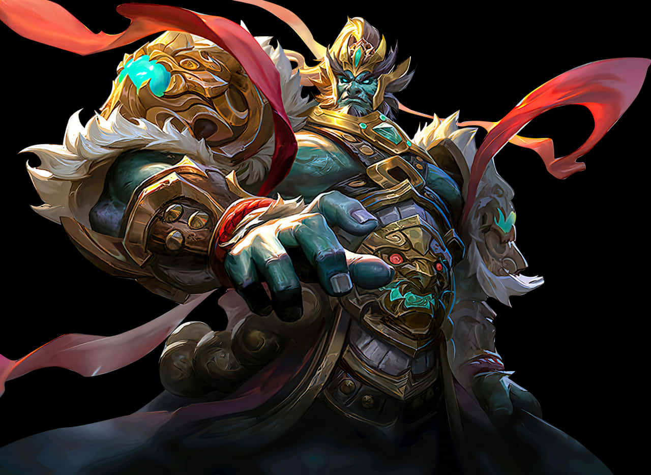 《Mobile Legends》山神巴爾蒙德 壁紙 — 一個令人生畏的綠色皮膚戰士，身穿華麗金色盔甲，披著飄逸的紅色斗篷，站在黑色背景前。