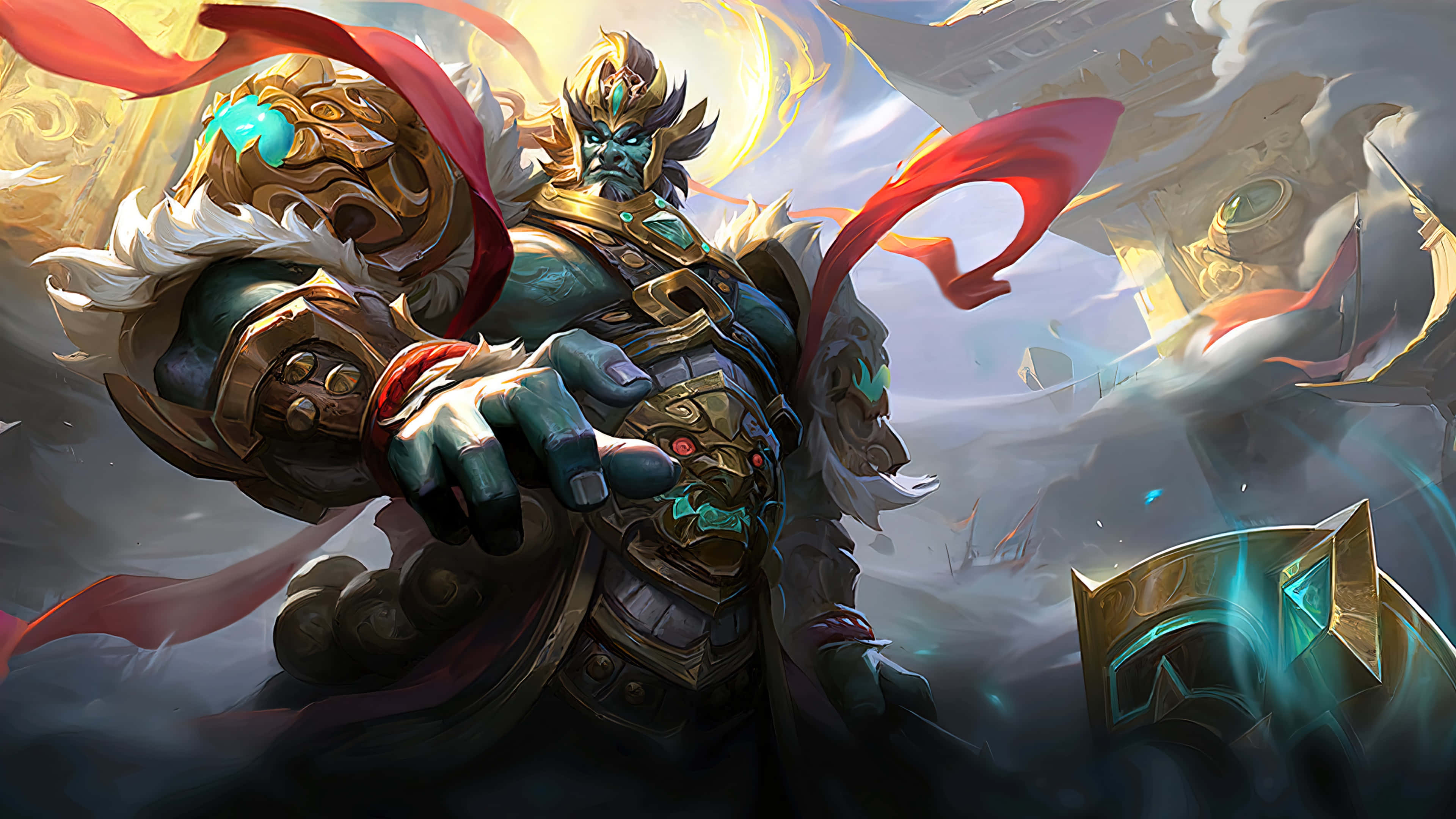 《Mobile Legends》巴爾蒙德「山之神」造型 壁紙 — 一位強大的綠色皮膚神祇，身穿華麗金色盔甲，配有紅色絲帶和發光的青綠色點綴，指揮著神秘的戰場。