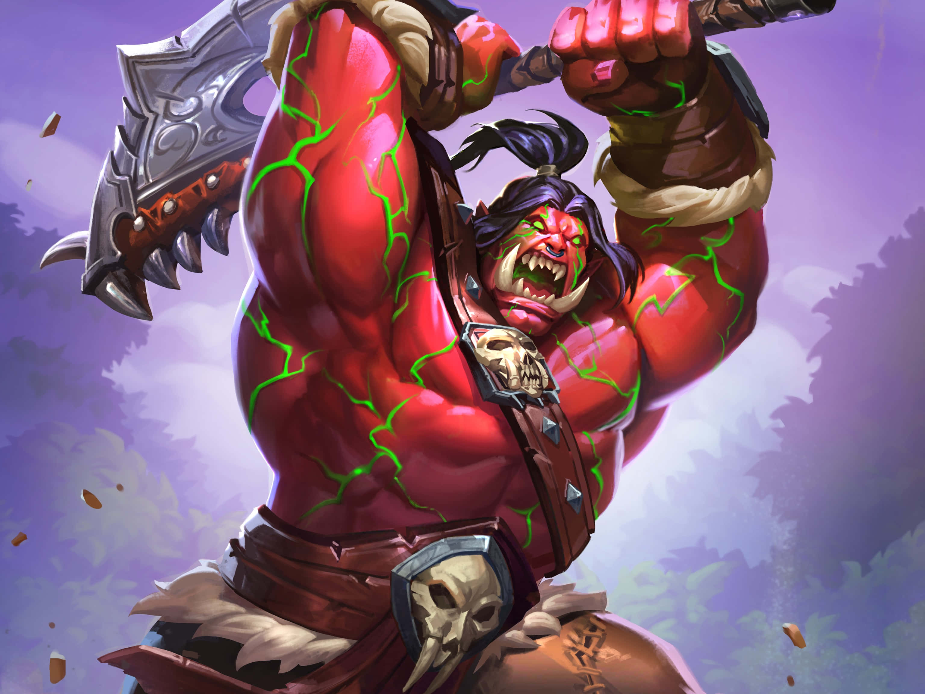 《Mobile Legends》巴爾蒙德「狂暴」造型 壁紙 — 一個肌肉發達、紅色皮膚的獸人戰士，身上有綠色閃電劈啪作響，舉起一把巨大的尖刺戰斧，背景是紫色的天空。