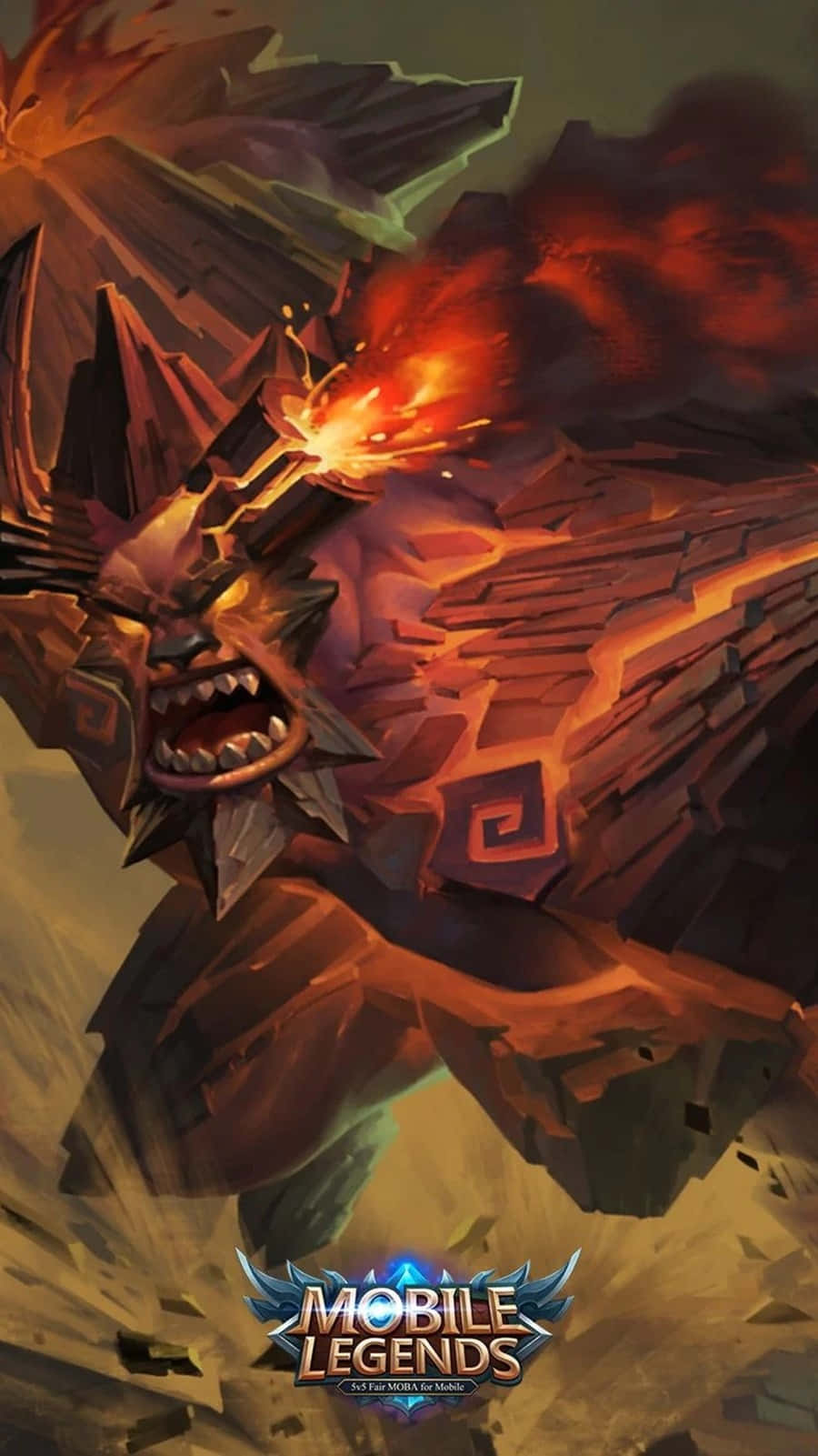 《Mobile Legends》巴爾蒙德「血獸」造型 壁紙 — 一個燃燒的惡魔生物，帶有鋸齒狀的石頭般盔甲，在旋轉的火焰和煙霧中咆哮。