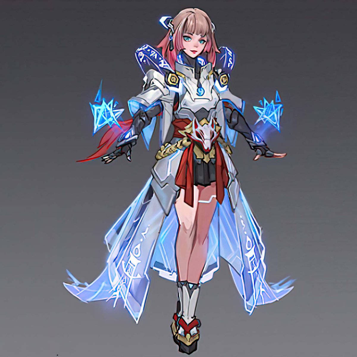身穿發光藍紅盔甲、帶有魔法星星效果的動漫女戰士。