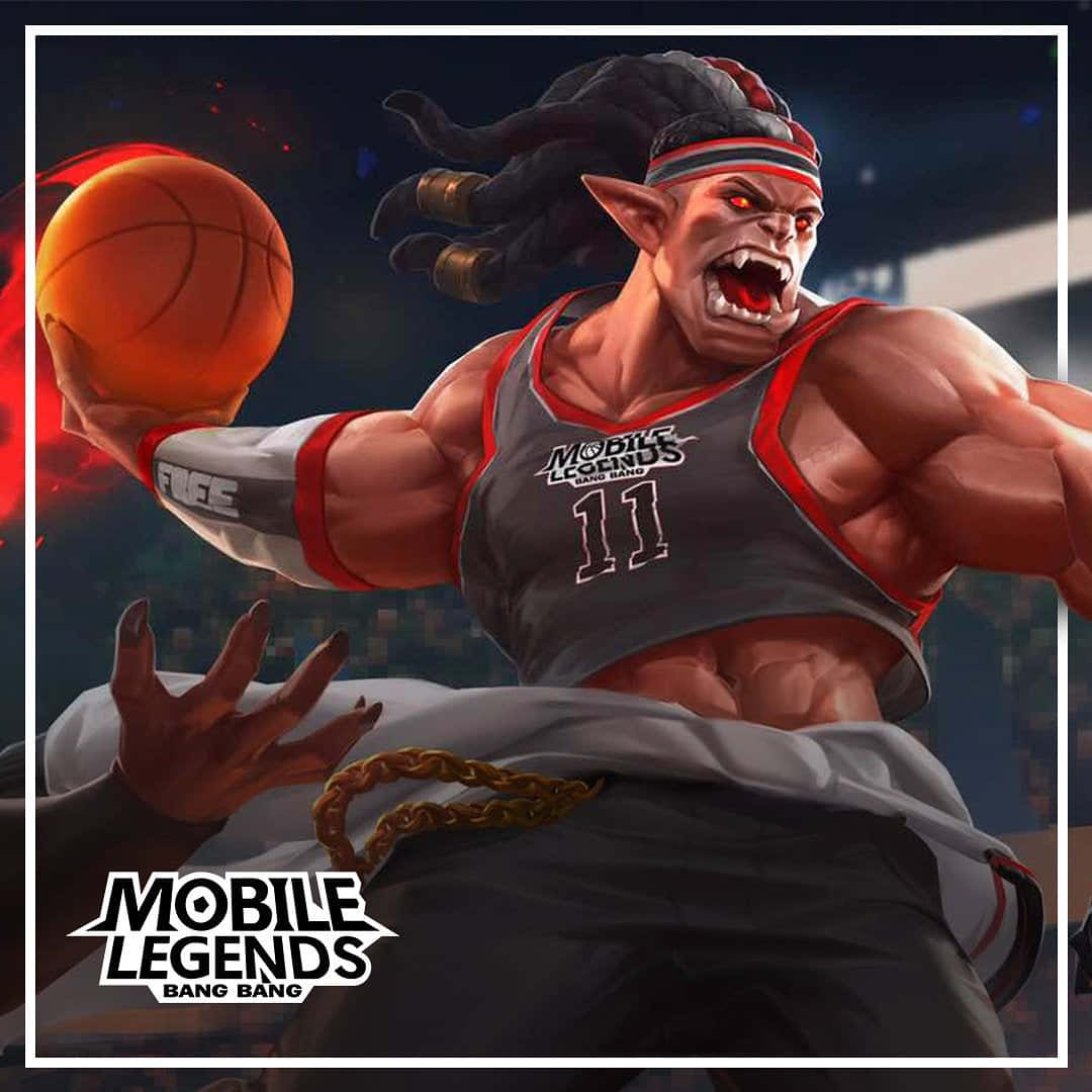 《Mobile Legends》狂暴指揮官巴爾蒙德 壁紙 — 一個兇猛的惡魔籃球運動員，身穿灰色球衣，號碼11，在黑暗的球場上運球，球帶有發光的紅色能量。