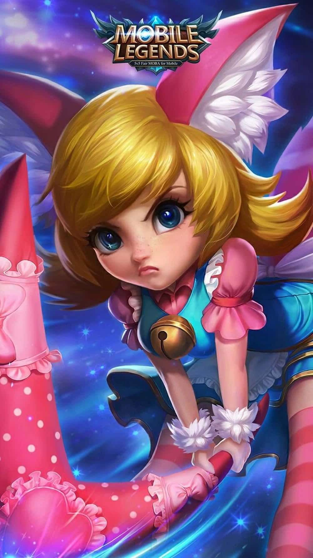 來自 Mobile Legends 的動漫角色，粉紅耳朵和太空中的巨大靴子。