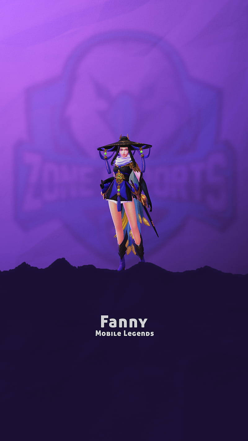 來自 Mobile Legends 的動漫角色 Fanny 站在紫色背景上的山脈剪影上。