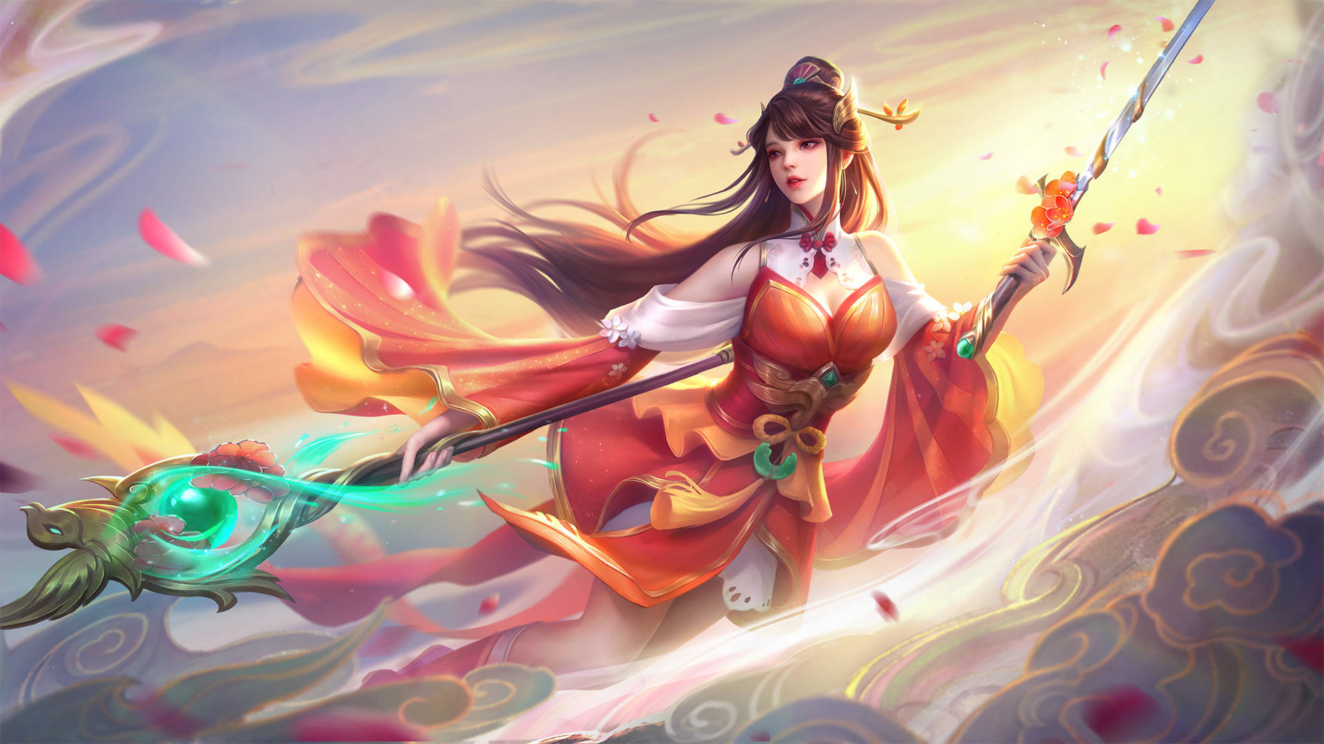 動漫女戰士身穿紅色長袍，在旋轉的雲朵和花瓣中揮舞著發光的法杖。