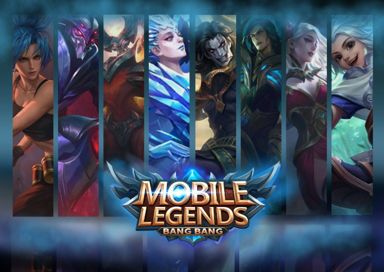 七個身穿彩色盔甲的奇幻遊戲英雄，上方是Mobile Legends Bang Bang標誌。