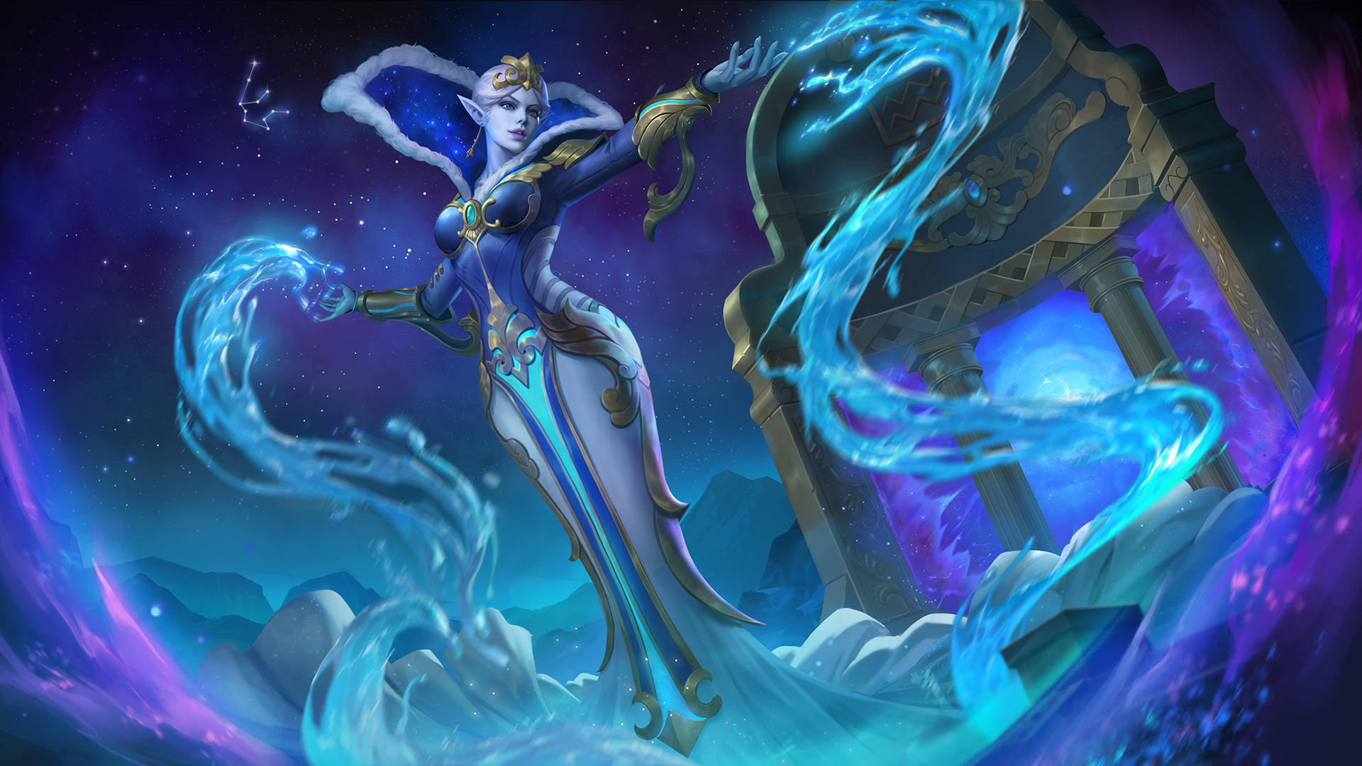 在宇宙廢墟環境中揮舞魔法藍色能量的精靈女王。