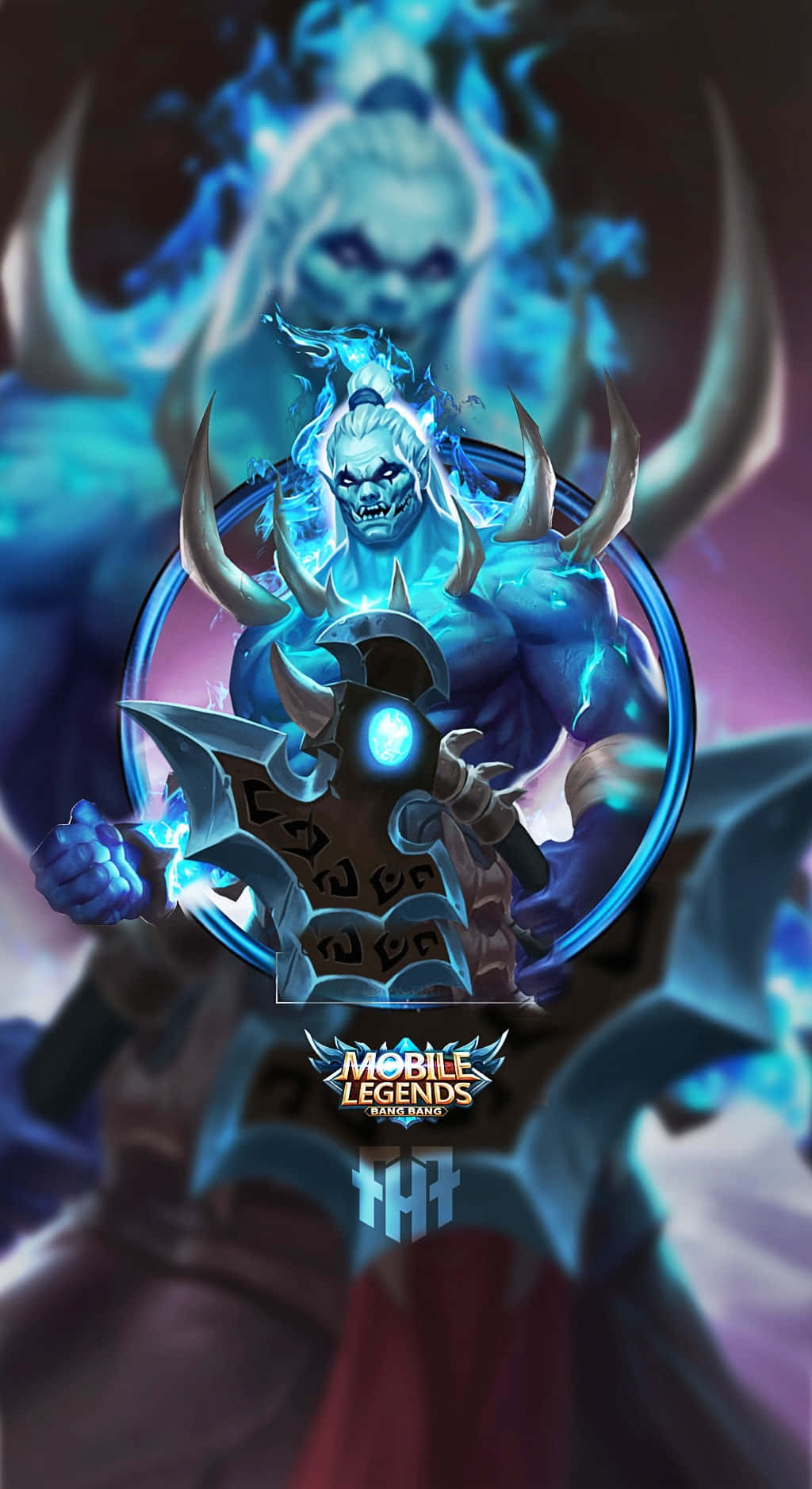 《Mobile Legends》藍光鬼影狂怒巴爾蒙德 壁紙 — 一個帶有發光眼睛和角的可怕藍皮膚惡魔戰士，在黑暗神秘背景下揮舞著帶刺的斧頭。