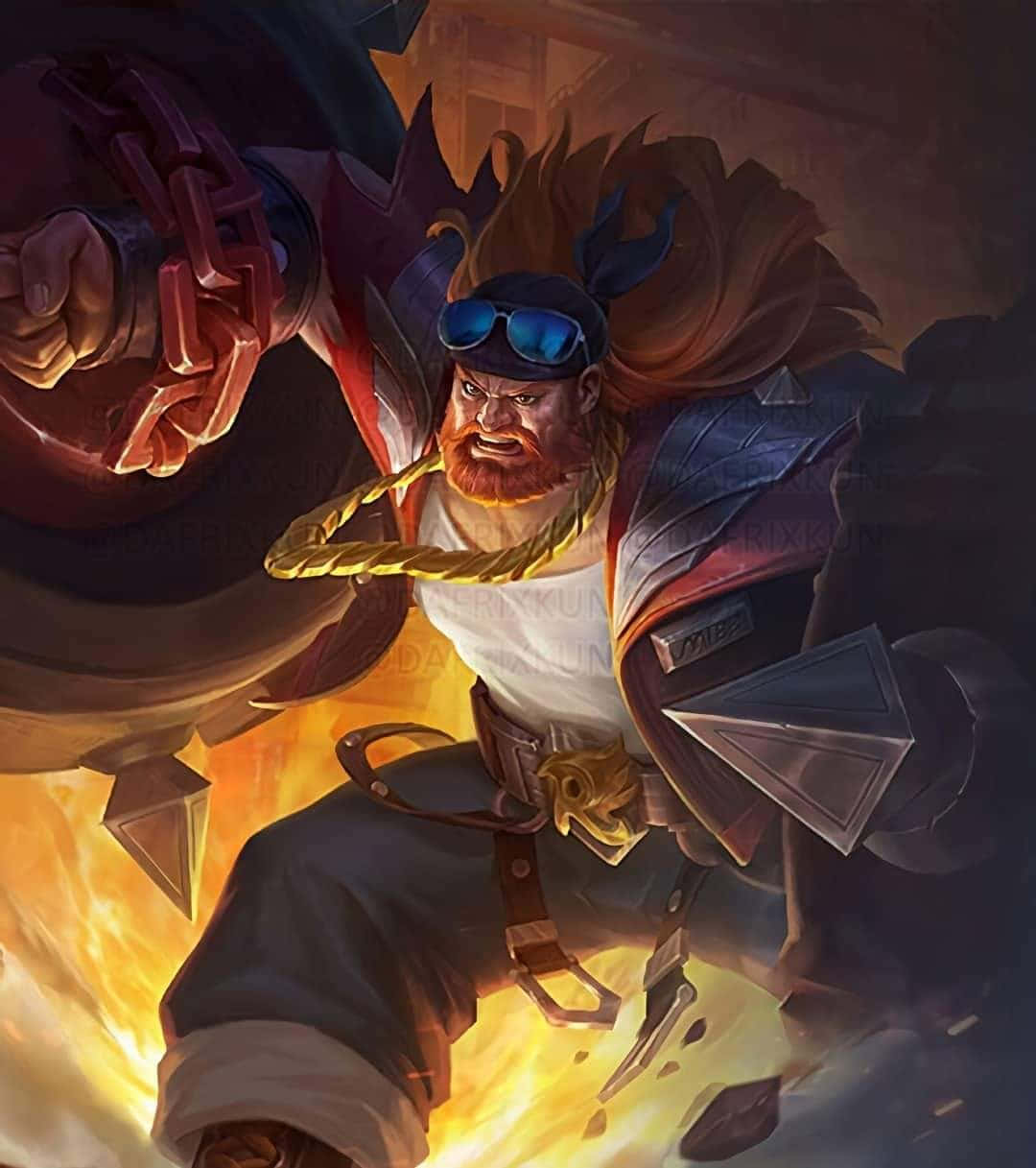 《Mobile Legends》血腥野獸·巴爾蒙德人形版 壁紙 — 一個肌肉發達、留鬍子的戰士戴著護目鏡，在骯髒的工業環境中，於熾熱的爆炸中揮舞著巨大的鏈條武器。