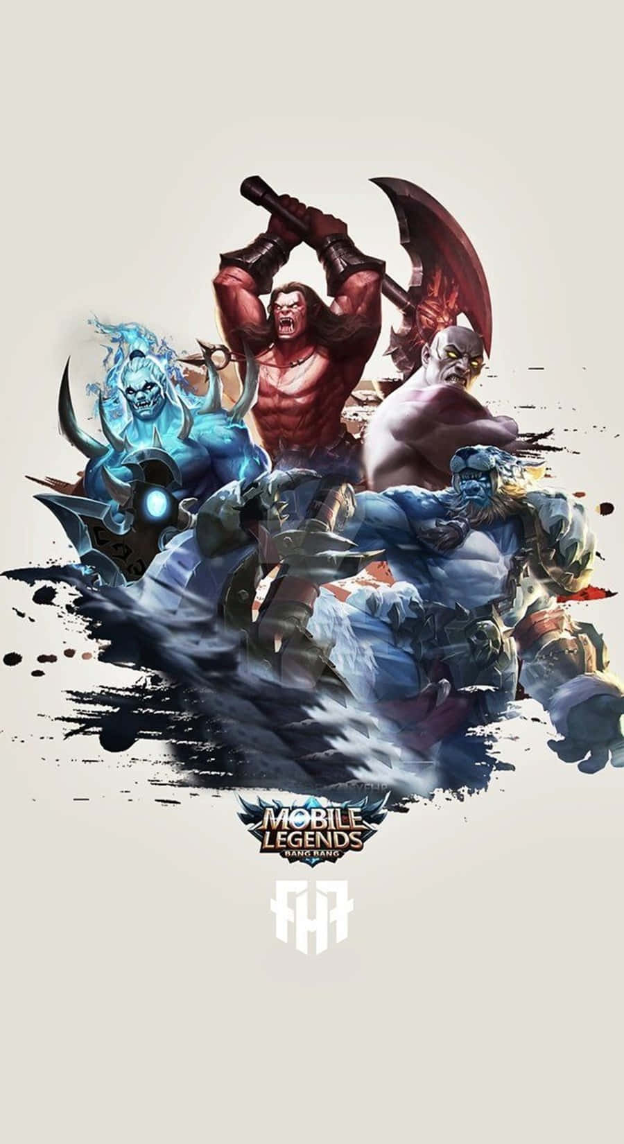 《Mobile Legends》角色巴爾蒙德揮劍圖 壁紙 — 四位肌肉發達的奇幻戰士以動態姿勢手持武器，在濺滿米色的背景上衝突。