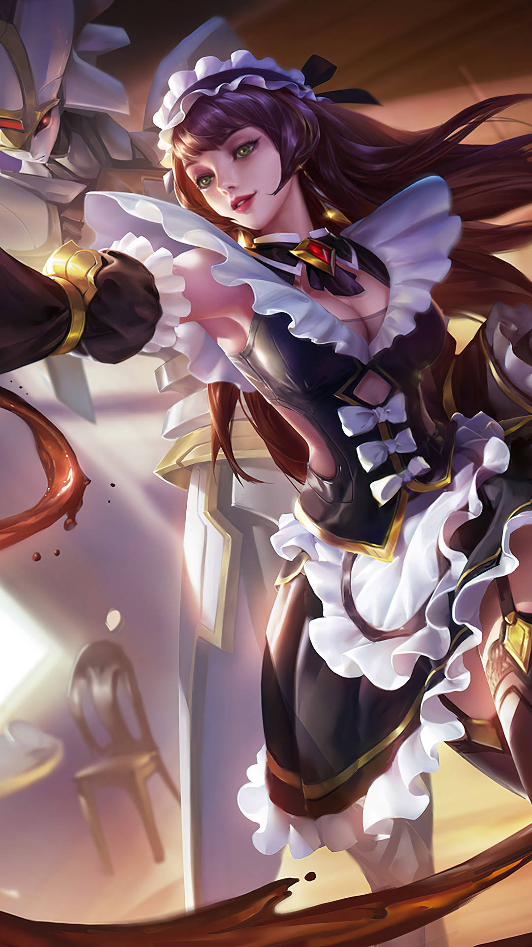 動漫女僕穿著黑白服裝，以動作姿勢揮舞發光劍。