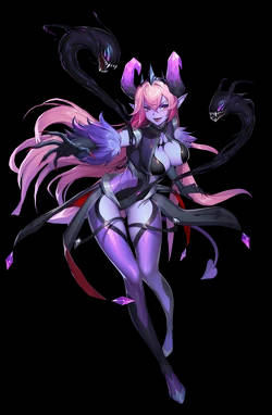 粉紅色頭髮和紫色服裝的動漫女孩被黑色蛇包圍。