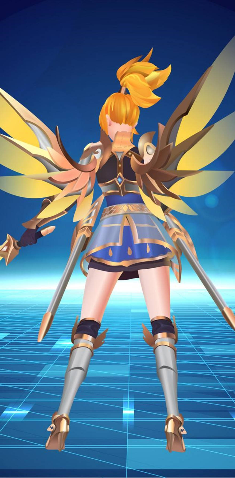 芳妮《Mobile Legends》3D 翅膀 壁紙 — 一位金翼動漫戰士手持雙劍，在深藍色天空映襯下，立於發光的藍色網格之上。