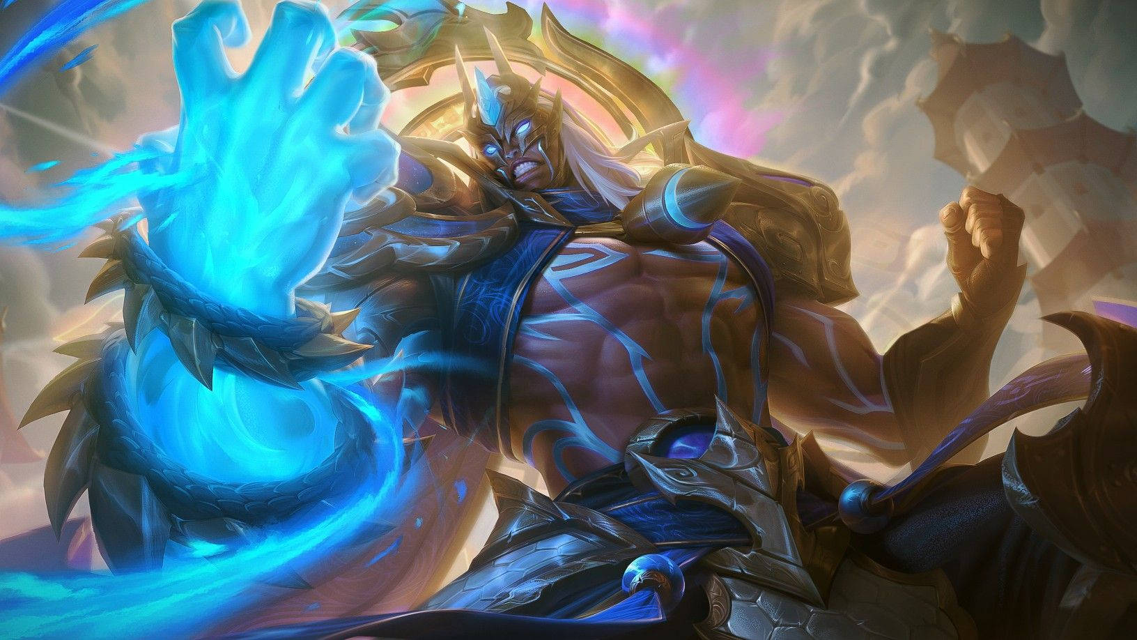 《Mobile Legends》角色Aldous 王國守望者皮膚 壁紙 — 一個肌肉發達的奇幻戰士，擁有發光的藍色能量之手和華麗的盔甲，在暴風雨的天空下強有力地站立。