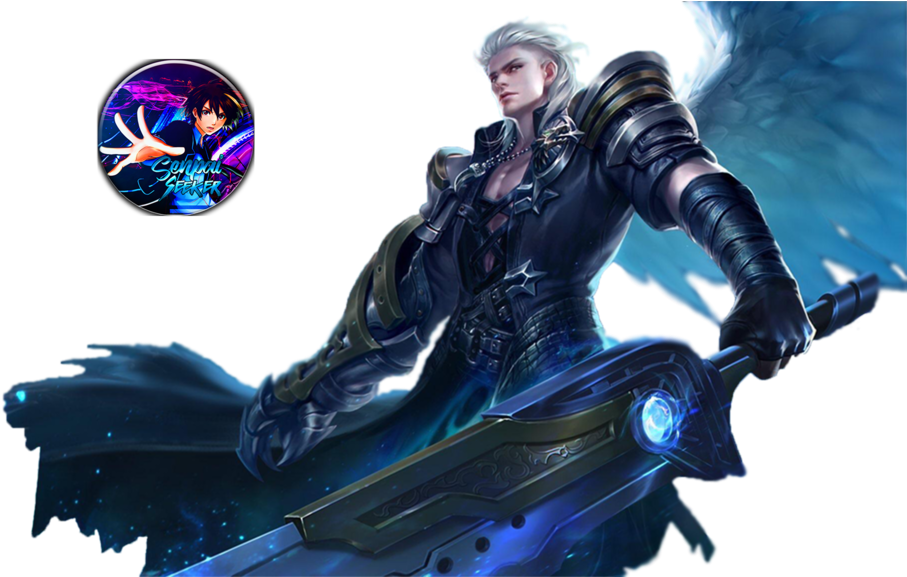 《Mobile Legends》英雄Alucard皮膚 壁紙 — 一位銀髮天使翼戰士在黑暗背景中揮舞著發光的藍色劍。