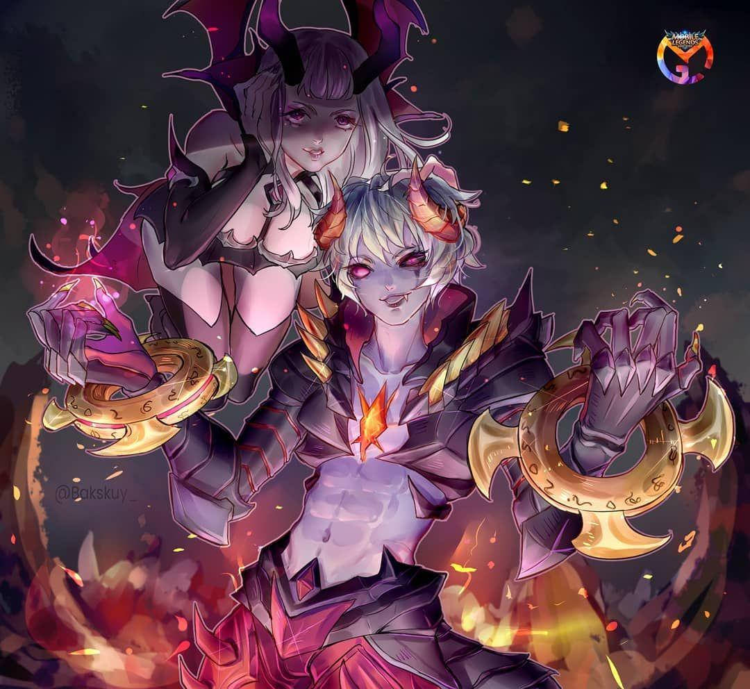 動漫風格《Mobile Legends》Dyrroth 與 Selena 壁紙 — 兩個動漫風格的惡魔角色，長有角並發出光芒的眼睛，在熾熱的黑暗背景前揮舞著華麗的金色武器。