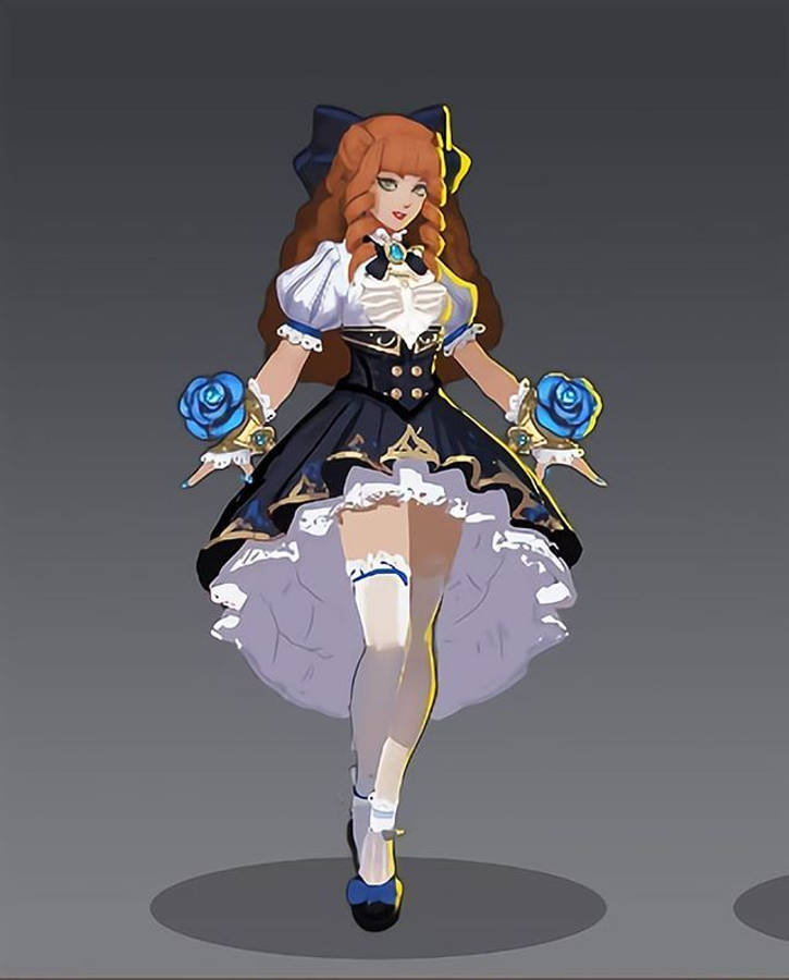 《Mobile Legends》吉妮薇爾「Fleur De Bleu」皮膚 壁紙 — 一個風格化的動漫女孩，橙色頭髮，手中拿著藍色玫瑰，穿著黑白連衣裙，在灰色背景前擺姿勢。
