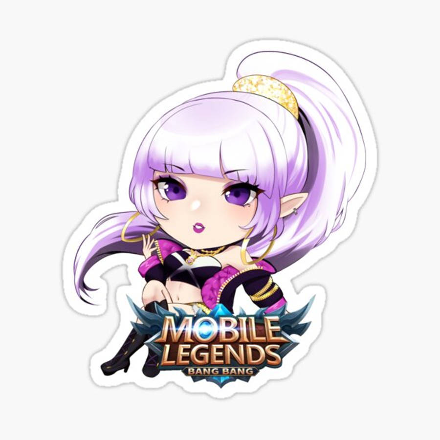《Mobile Legends》賽琳娜Q版S.T.U.N.皮膚 壁紙 — 紫髮紫眼嘅Chibi動漫女仔喺Mobile Legends Bang Bang標誌貼紙入面。