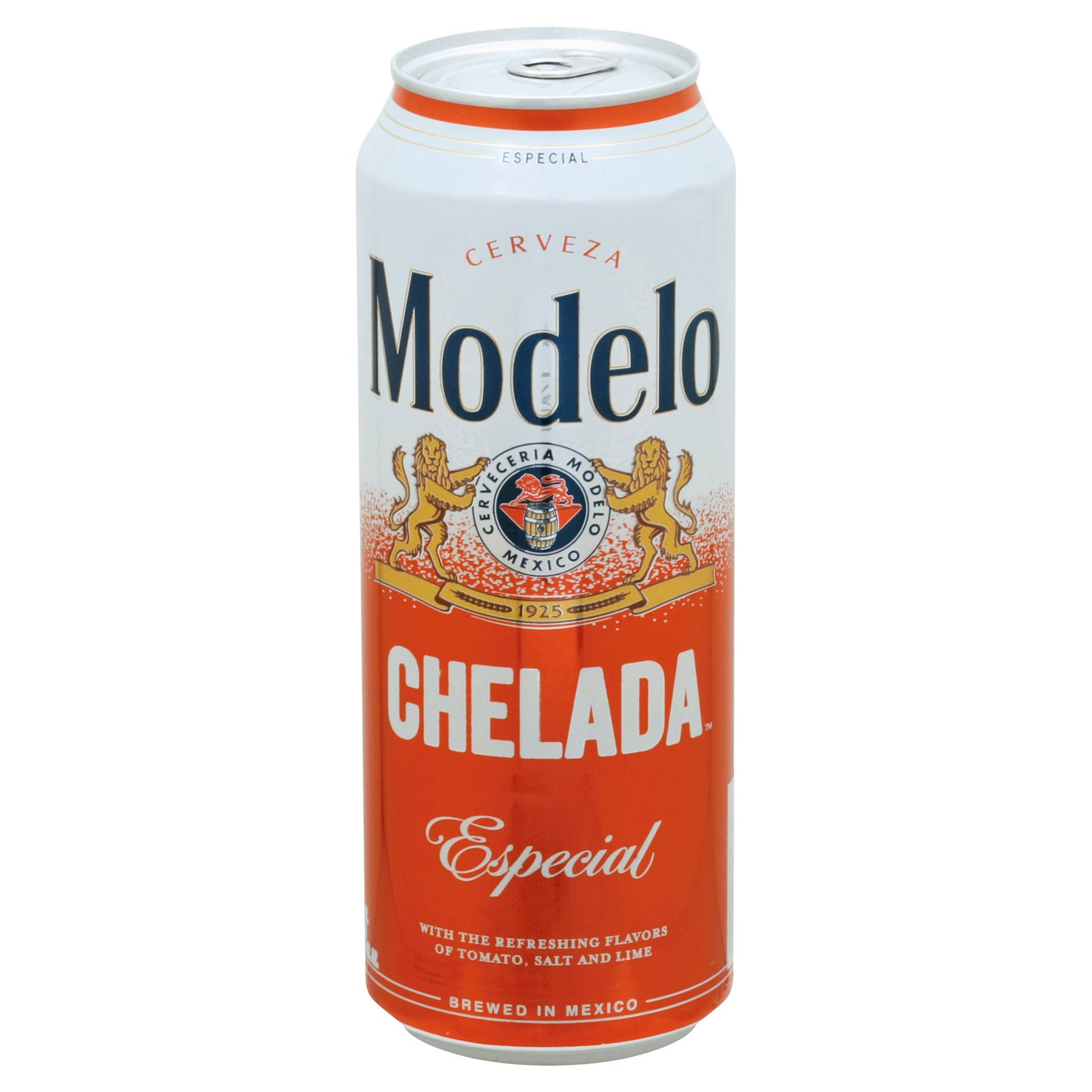 一個帶有紅色和白色設計及獅子標誌的Modelo Chelada啤酒罐。