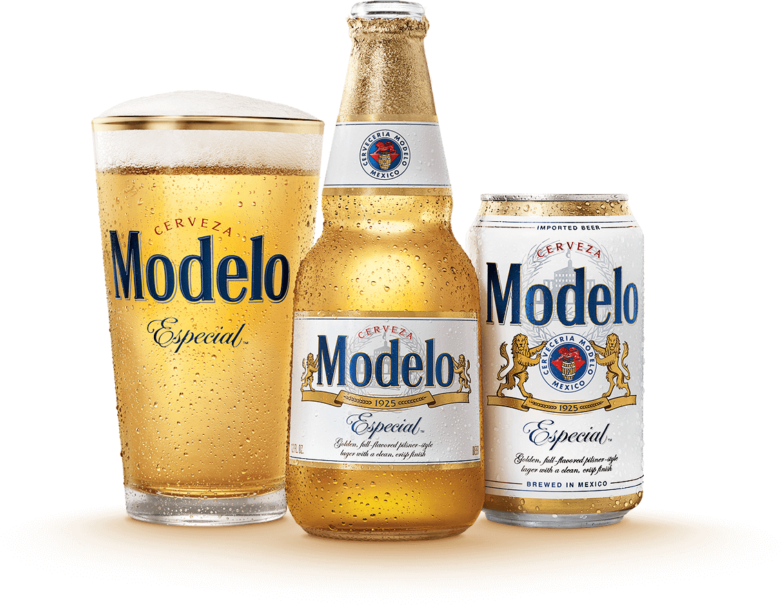 Modelo Especial啤酒產品展示 壁紙 — 三個冰凍的Modelo Especial啤酒容器在純黑背景上閃爍著冷凝水珠。
