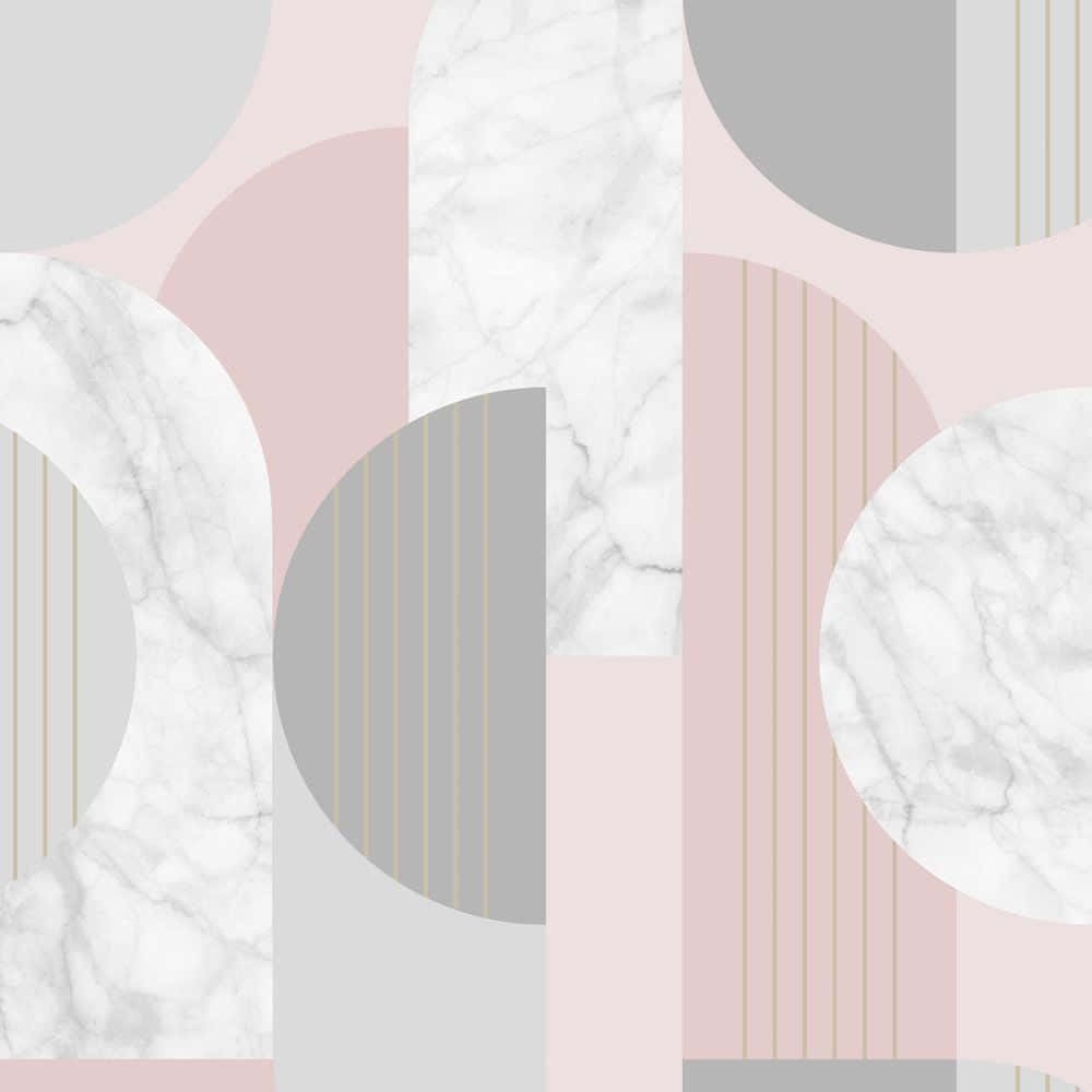 Blush Pink 桌布 壁紙 — 現代抽象牆紙，採用粉彩粉紅、灰色和白色大理石幾何形狀及金色條紋。