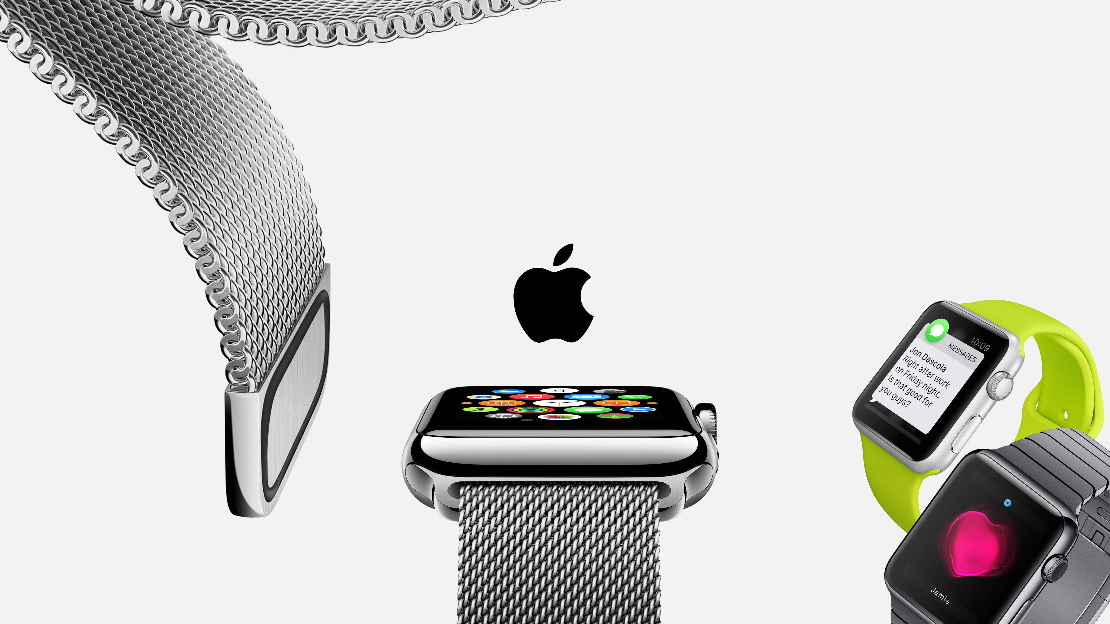蘋果手錶鍍鉻金屬網格錶帶 壁紙 — 現代Apple Watch配以網狀錶帶和色彩繽紛的應用程式圖標，展示在潔白背景上。